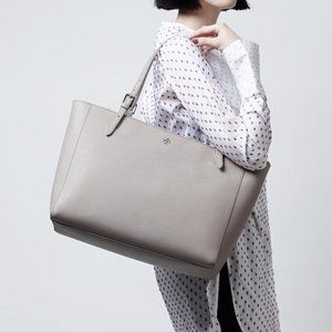 Tory Burch Tote New Large Buckle Laptop Travel Work Grey Saffiano Leather